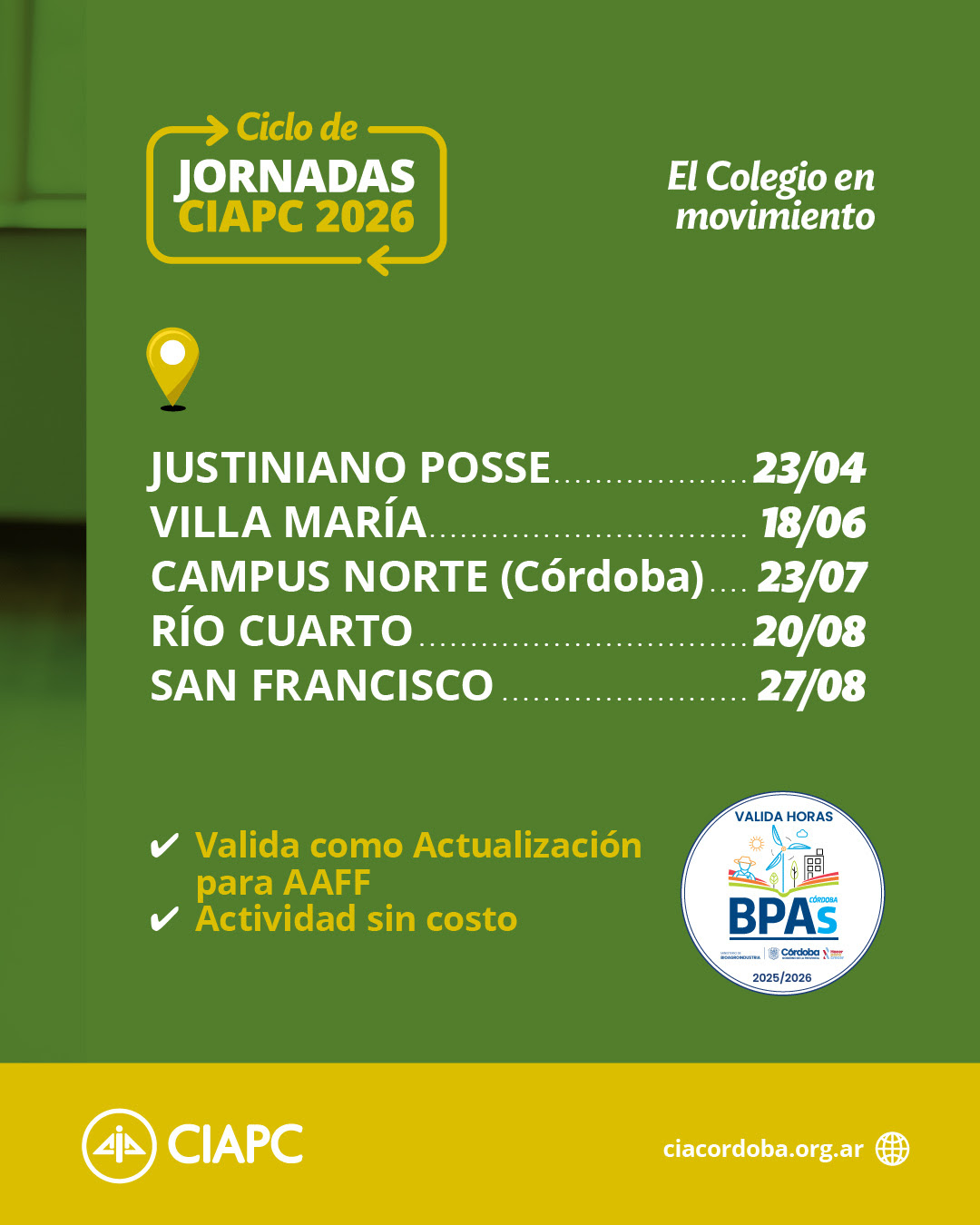 El CIAPC llega al territorio: cinco jornadas profesionales recorrerán la provincia de Córdoba en 2026