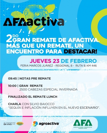 Jueves AFAACTIVA con un remate especial de invernada en Marcos Juárez