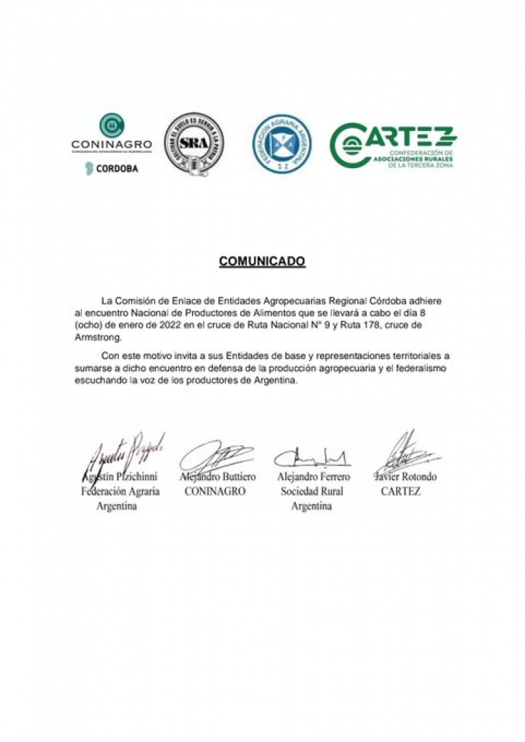 Confirma la Mesa de Enlace Córdoba su presencia este sábado en la protesta de Armstrong